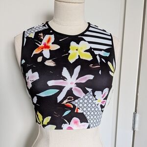 NWT Clover Canyon Neoprene Scuba Floral Print Black Sleeveless Crop Top XS